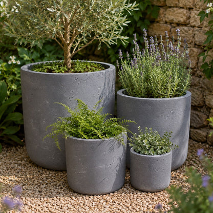 Aurella | Set Of 4 - Onyx Dusk – Concrete Cylinder Planters Set – Round Plant Pots Nest