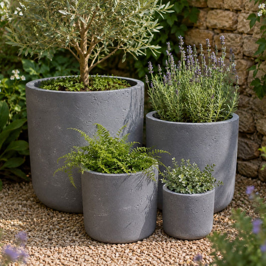 Aurella | Set Of 4 - Onyx Dusk – Concrete Cylinder Planters Set – Round Plant Pots Nest