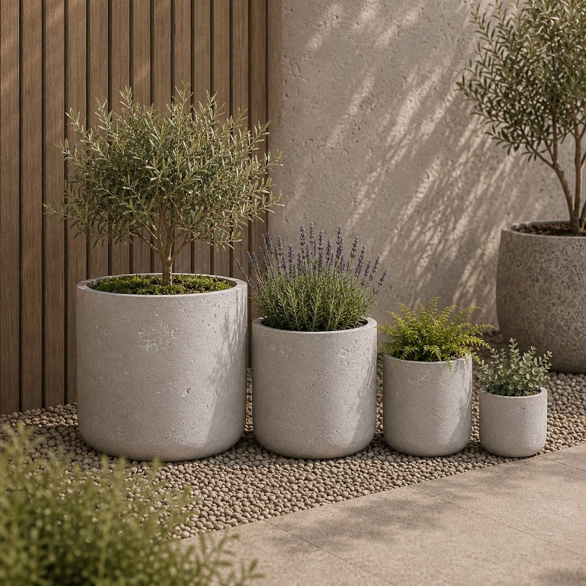 Aurella | Set Of 4 - Truffle – Concrete Cylinder Planters Set – Round Plant Pots Nest