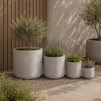 Aurella | Set Of 4 - Truffle – Concrete Cylinder Planters Set – Round Plant Pots Nest