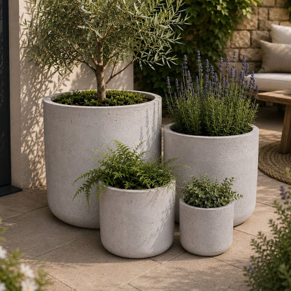 Aurella | Set Of 4 - Truffle – Concrete Cylinder Planters Set – Round Plant Pots Nest