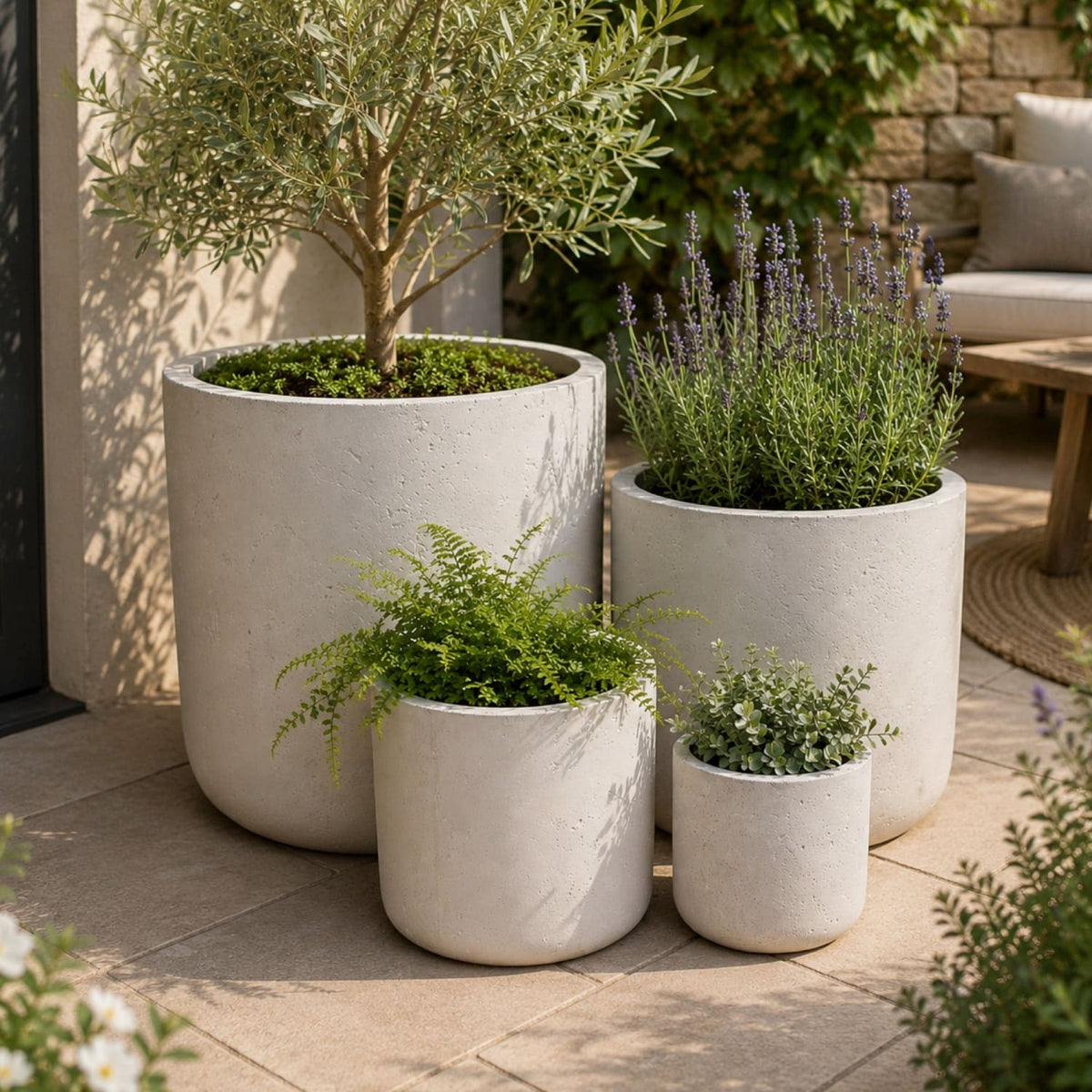 Aurella | Set Of 4 - White Mist – Concrete Cylinder Planters Set – Round Plant Pots Nest