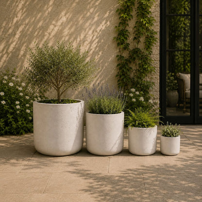 Aurella | Set Of 4 - White Mist – Concrete Cylinder Planters Set – Round Plant Pots Nest
