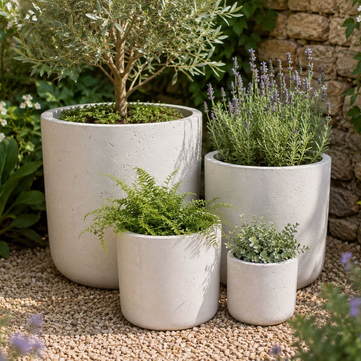 Aurella | Set Of 4 - White Mist – Concrete Cylinder Planters Set – Round Plant Pots Nest