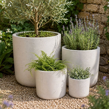 Aurella | Set Of 4 - White Mist – Concrete Cylinder Planters Set – Round Plant Pots Nest