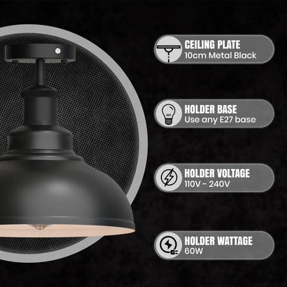Vintage Industrial Semi-Flush Ceiling Light E27 | Hammered Metal Dome ~6382-3