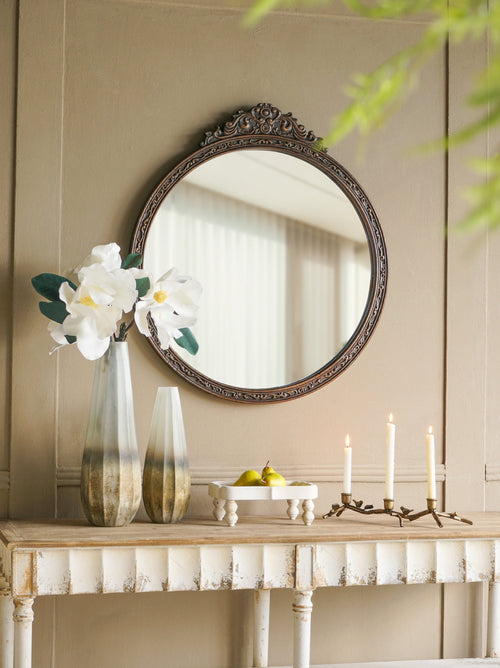 Antique-Style Round Wood Frame Wall Mirror with Floral Pediment — 31.5 in