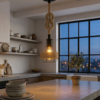 Industrial Hemp Rope Pendant Light - Black Cage  E27 Lamp ~ 6203