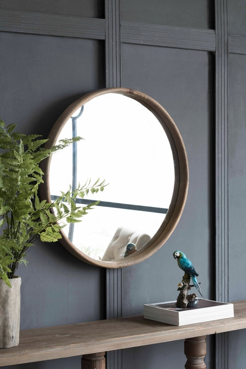 Round Wood Frame Wall Mirror — 27.5 in, Brown