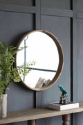 Round Wood Frame Wall Mirror — 27.5 in, Brown
