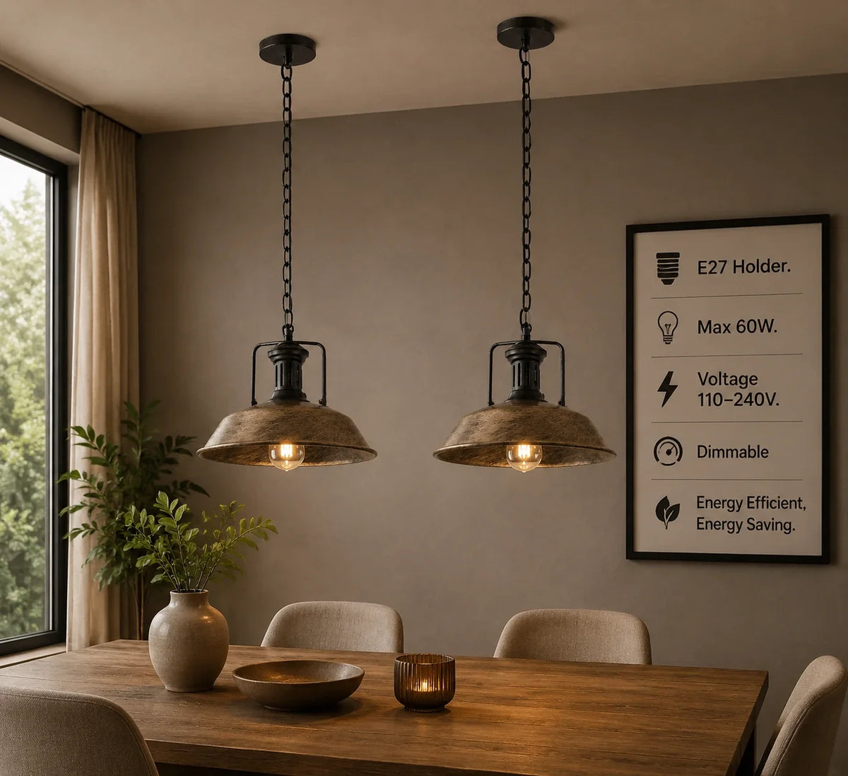 Easy Fit E27 Metal Chain Pendant Light, Dimmable
