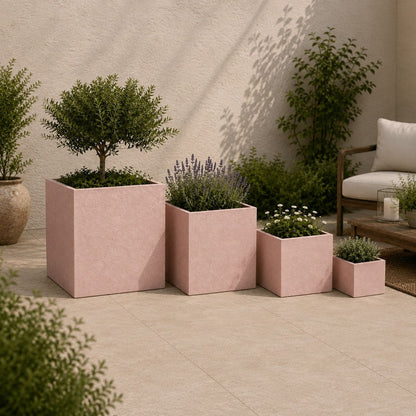 Cubrosa | Set Of 4 - Blushstone – Concrete Square Planters Set – Cube Plant Pots Nest