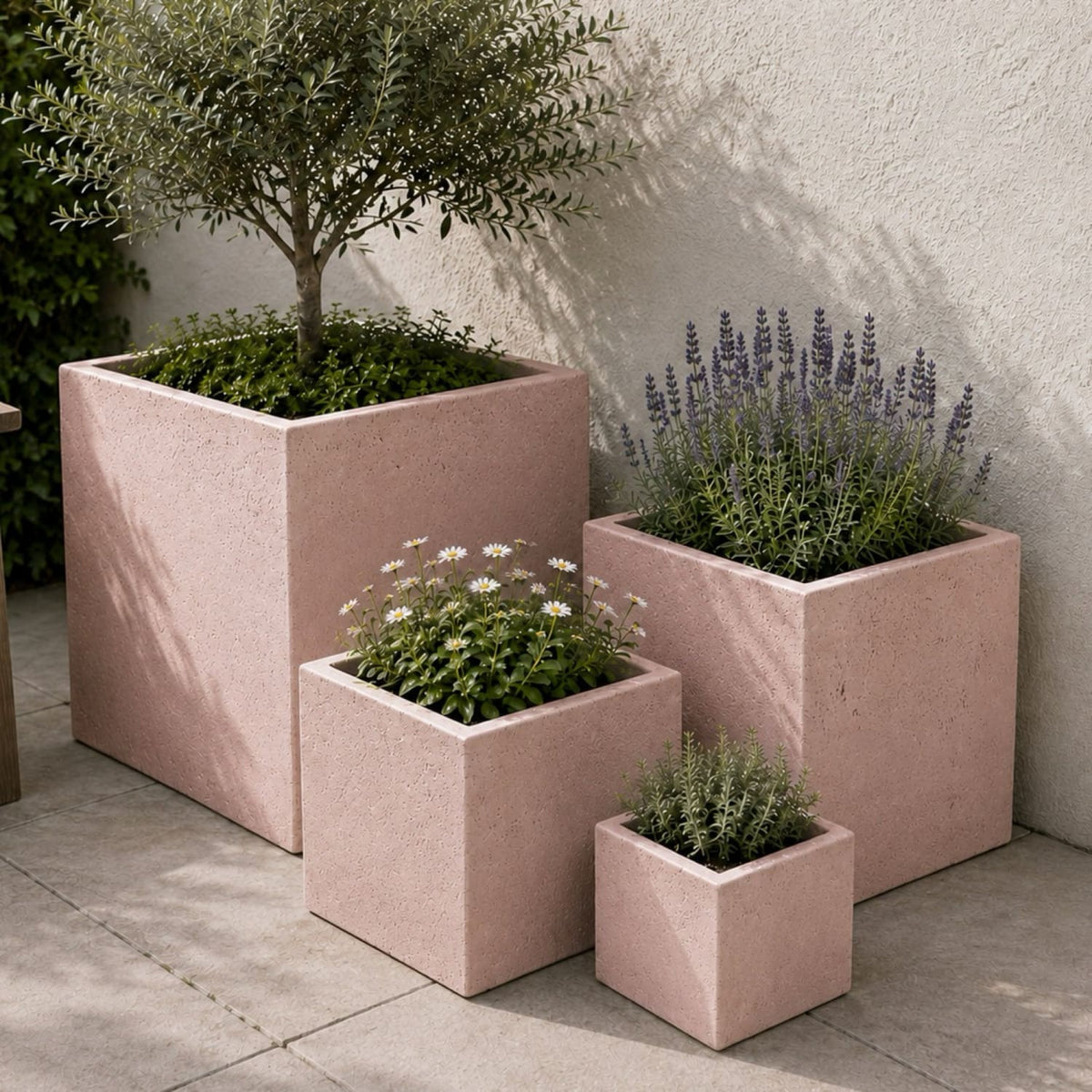 Cubrosa | Set Of 4 - Blushstone – Concrete Square Planters Set – Cube Plant Pots Nest
