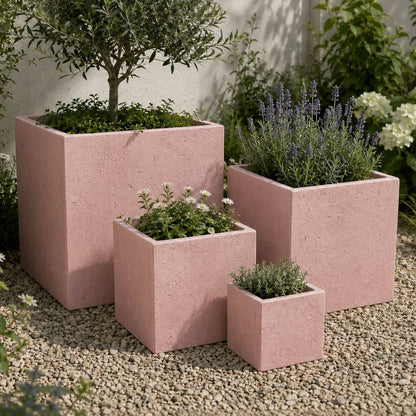 Cubrosa | Set Of 4 - Blushstone – Concrete Square Planters Set – Cube Plant Pots Nest