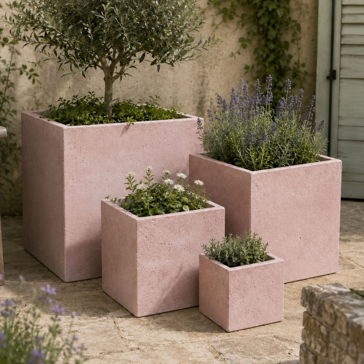 Cubrosa | Set Of 4 - Blushstone – Concrete Square Planters Set – Cube Plant Pots Nest