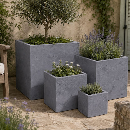 Cubrosa | Set Of 4 - Onyx Dusk – Concrete Square Planters Set – Cube Plant Pots Nest