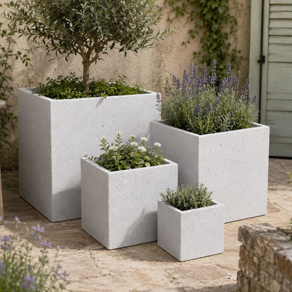 Cubrosa | Set Of 4 - White Mist – Concrete Square Planters Set – Cube Plant Pots Nest
