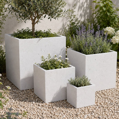 Cubrosa | Set Of 4 - White Mist – Concrete Square Planters Set – Cube Plant Pots Nest