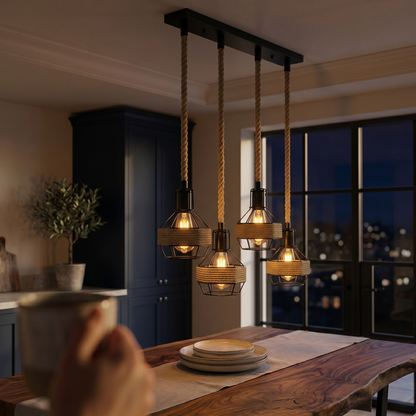 Industrial Hemp Rope Pendant Light - Black Cage  E27 Lamp ~ 6203