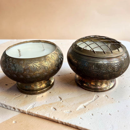 Repurposed Etched Brass Bowl Candle