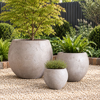Orbello | Set Of 3 - Truffle – Concrete Sphere Planter Set – Round Orbs Plant Pot Nest
