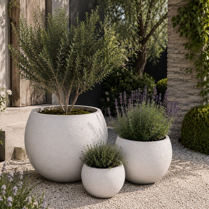Orbello | Set Of 3 - White Mist – Concrete Sphere Planter Set – Round Orbs Plant Pot Nest