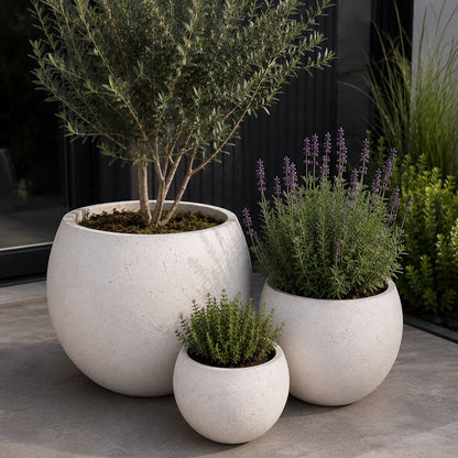 Orbello | Set Of 3 - White Mist – Concrete Sphere Planter Set – Round Orbs Plant Pot Nest