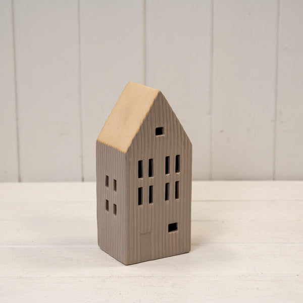 Medium Grey Ribbed Ceramic Led House With Sand Roof