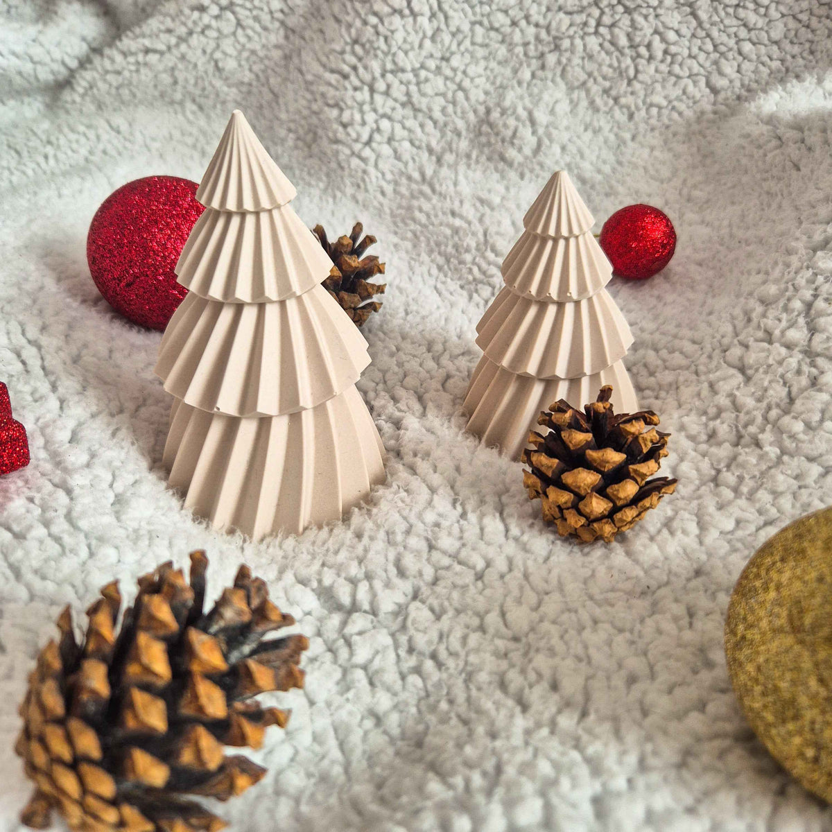 Jesmonite Christmas trees, seasonal shelf decor