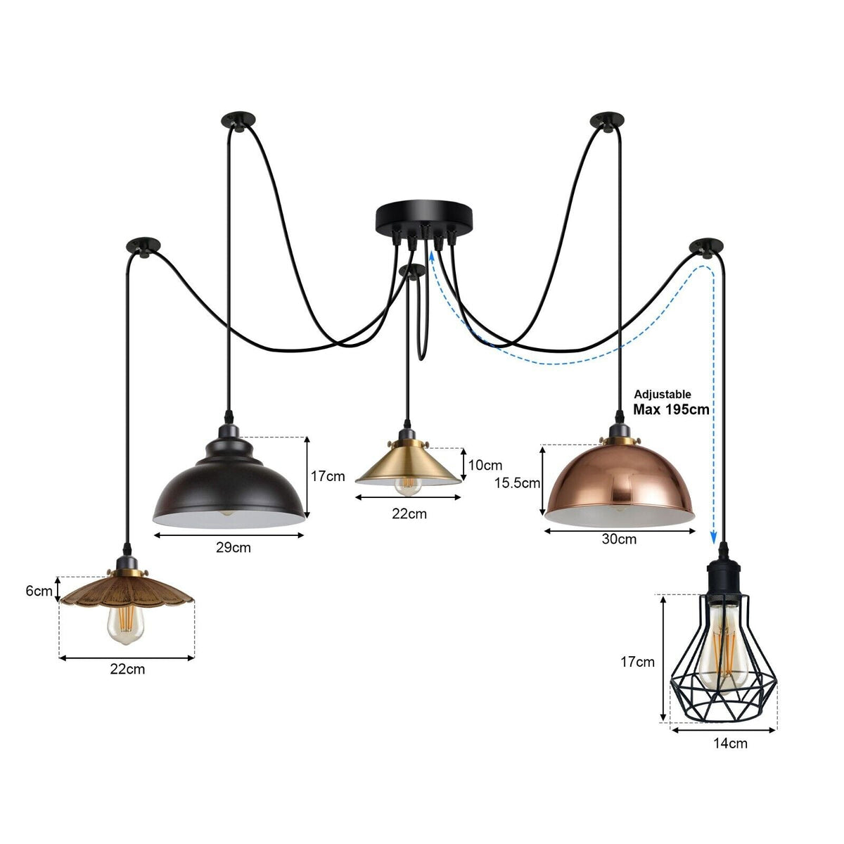 Multiple Arm Pendant Spider Light 5 Bulbs Edison Chandelier ~4463