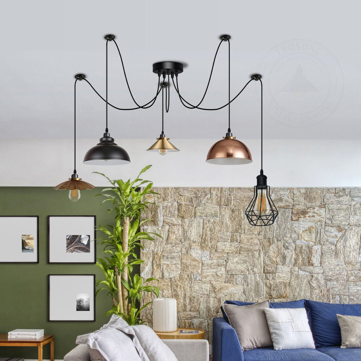 Multiple Arm Pendant Spider Light 5 Bulbs Edison Chandelier ~4463