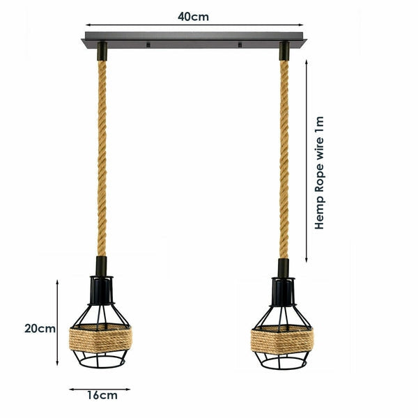 Hemp Rope Cord Pendant Light-E27 Metal Cage Hanging Lamp~5582-4