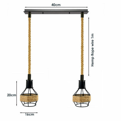 Hemp Rope Cord Pendant Light-E27 Metal Cage Hanging Lamp~5582-4