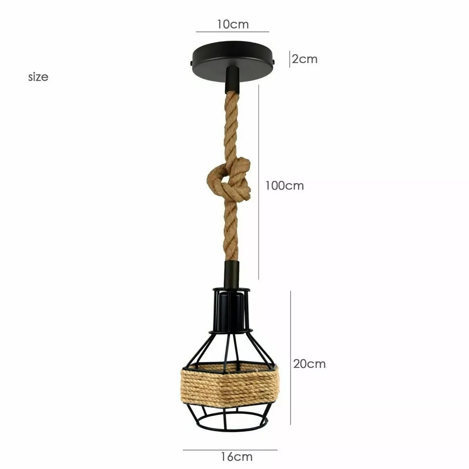Hemp Rope Cord Pendant Light-E27 Metal Cage Hanging Lamp~5582-2